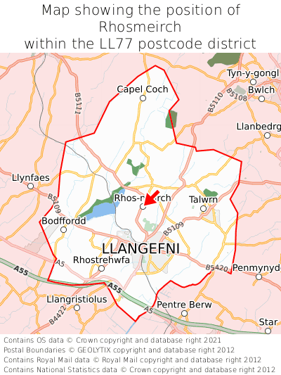 Map showing location of Rhosmeirch within LL77