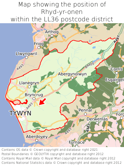 Map showing location of Rhyd-yr-onen within LL36