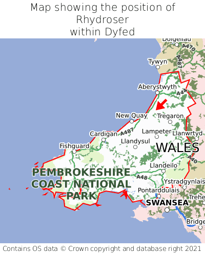 Map showing location of Rhydroser within Dyfed