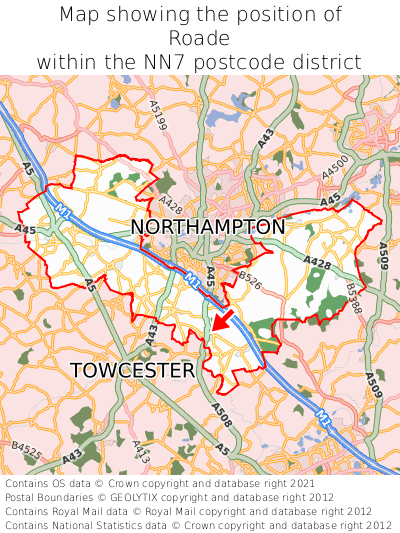 Map showing location of Roade within NN7