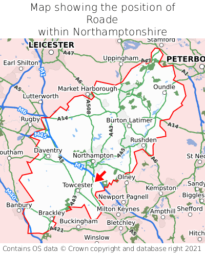 Map showing location of Roade within Northamptonshire