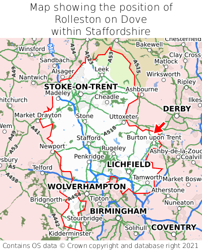 Map showing location of Rolleston on Dove within Staffordshire