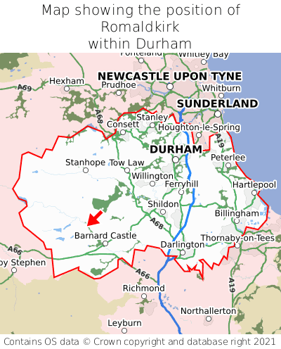 Map showing location of Romaldkirk within Durham