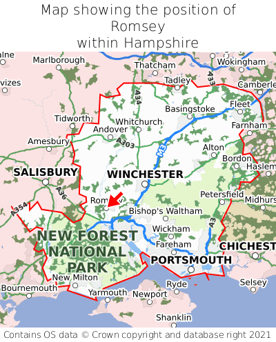 Map showing location of Romsey within Hampshire