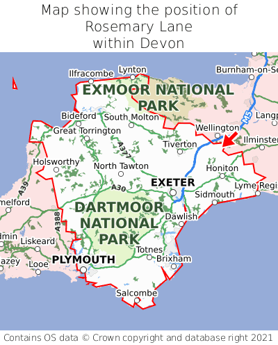 Map showing location of Rosemary Lane within Devon