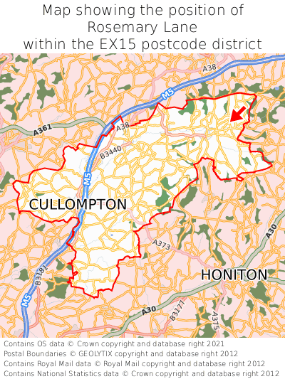 Map showing location of Rosemary Lane within EX15