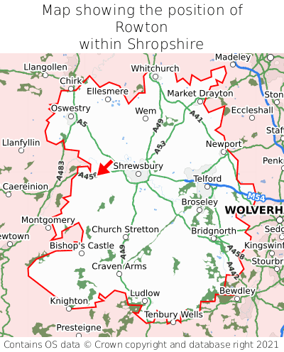 Map showing location of Rowton within Shropshire