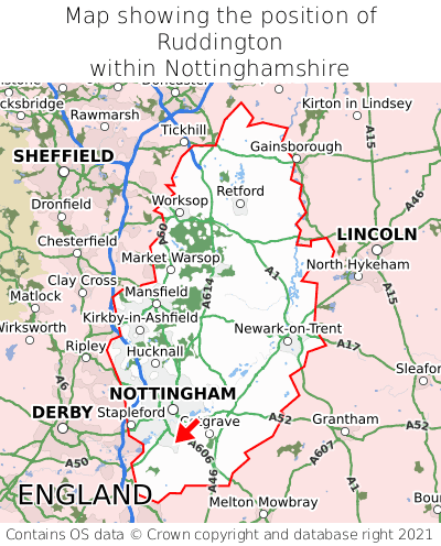 Map showing location of Ruddington within Nottinghamshire
