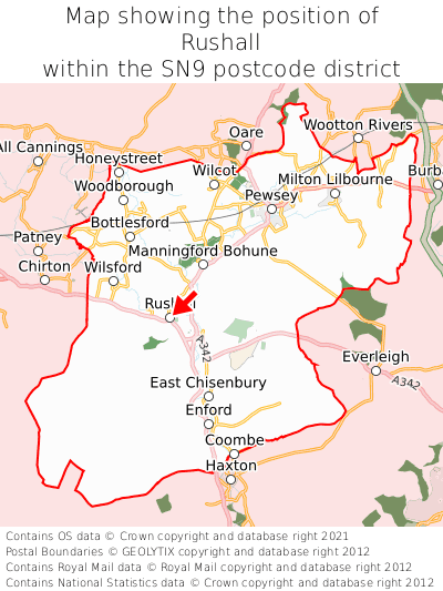 Map showing location of Rushall within SN9