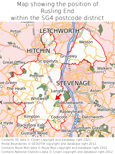 Map showing location of Rusling End within SG4