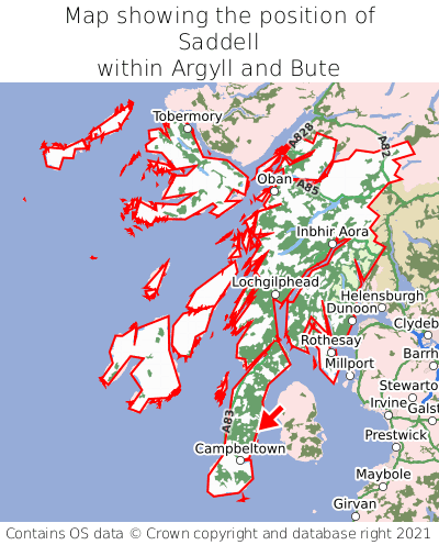 Map showing location of Saddell within Argyll and Bute