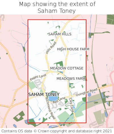 Map showing extent of Saham Toney as bounding box