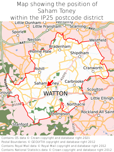 Map showing location of Saham Toney within IP25