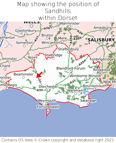 Map showing location of Sandhills within Dorset