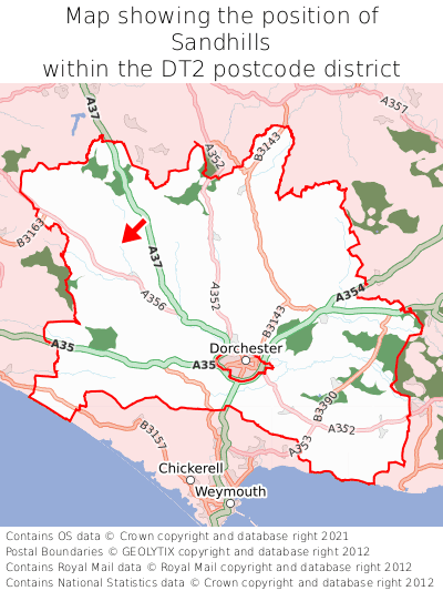 Map showing location of Sandhills within DT2