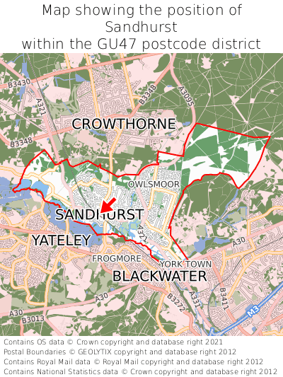 Map showing location of Sandhurst within GU47