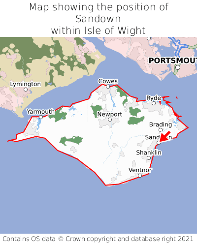 Map showing location of Sandown within Isle of Wight