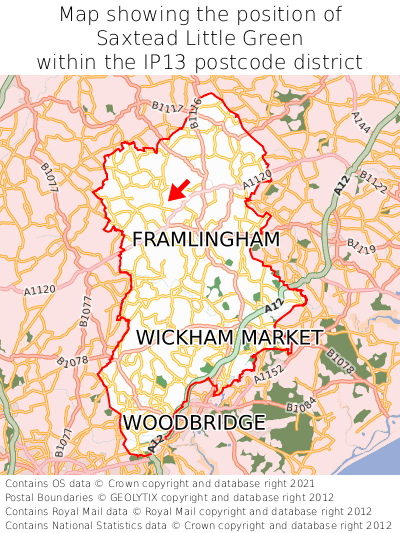 Map showing location of Saxtead Little Green within IP13