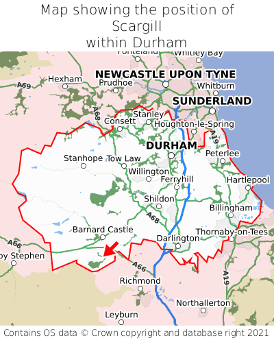 Map showing location of Scargill within Durham