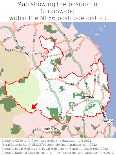 Map showing location of Scrainwood within NE66