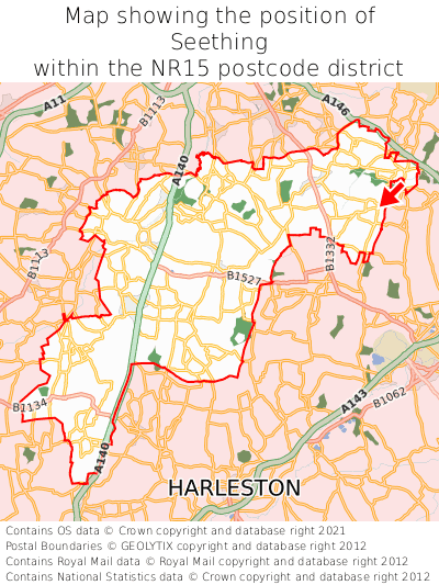 Map showing location of Seething within NR15