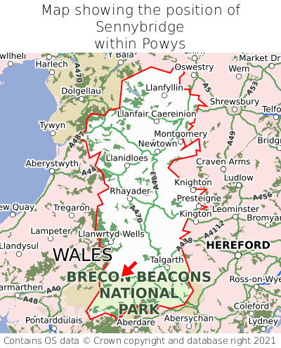 Map showing location of Sennybridge within Powys
