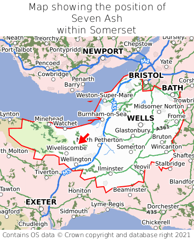 Map showing location of Seven Ash within Somerset