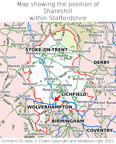 Map showing location of Shareshill within Staffordshire