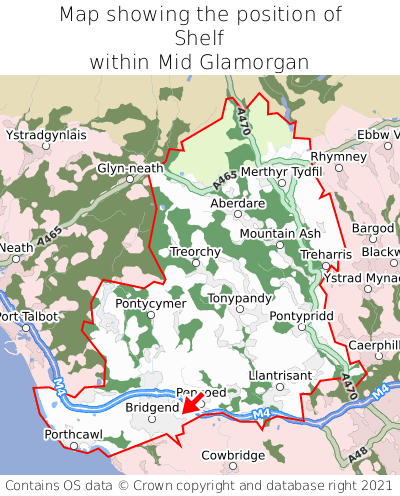 Map showing location of Shelf within Mid Glamorgan