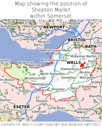 Map showing location of Shepton Mallet within Somerset