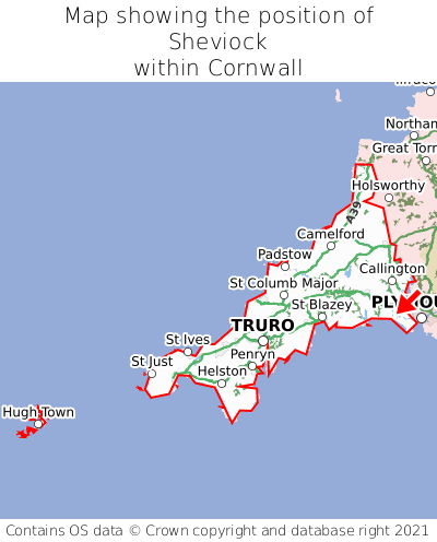 Map showing location of Sheviock within Cornwall