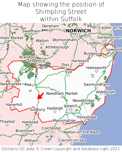 Map showing location of Shimpling Street within Suffolk