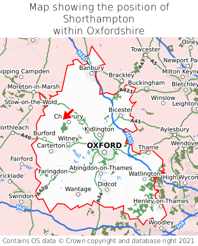 Map showing location of Shorthampton within Oxfordshire
