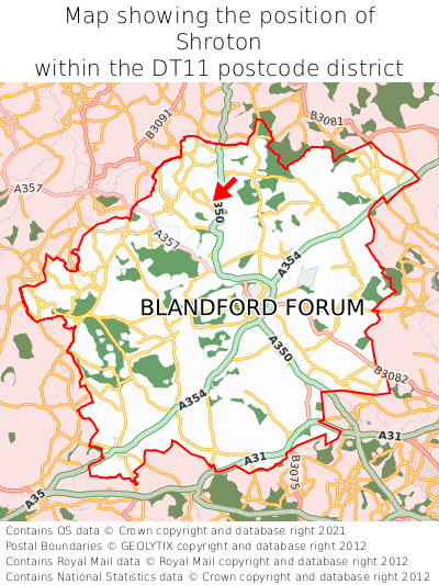 Map showing location of Shroton within DT11