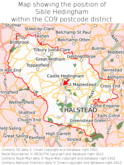 Map showing location of Sible Hedingham within CO9