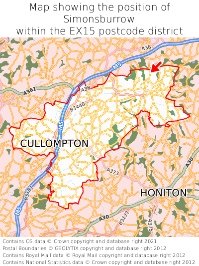 Map showing location of Simonsburrow within EX15