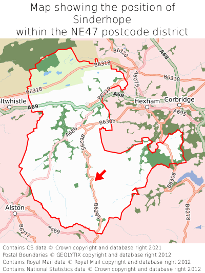 Map showing location of Sinderhope within NE47