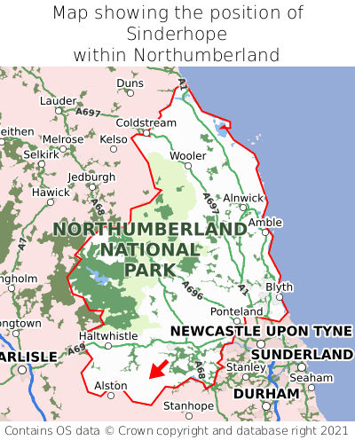 Map showing location of Sinderhope within Northumberland