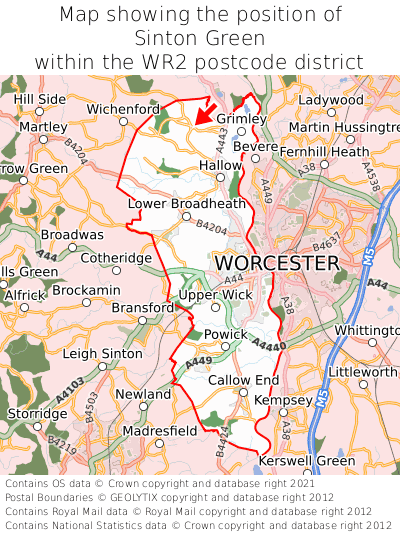 Map showing location of Sinton Green within WR2