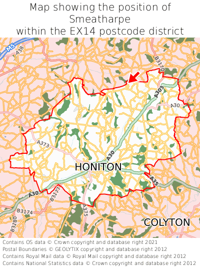 Map showing location of Smeatharpe within EX14