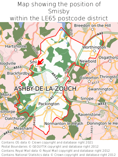 Map showing location of Smisby within LE65