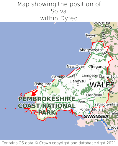 Map showing location of Solva within Dyfed