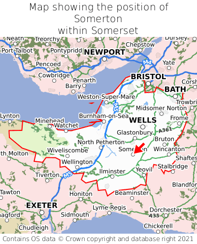 Map showing location of Somerton within Somerset