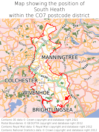 Map showing location of South Heath within CO7