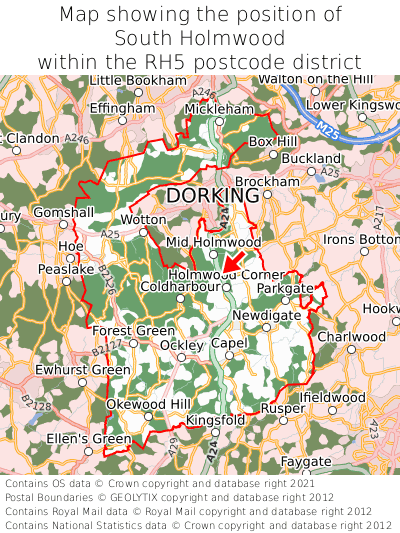 Map showing location of South Holmwood within RH5