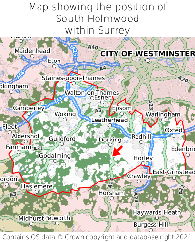 Map showing location of South Holmwood within Surrey