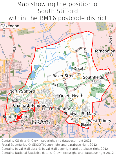 Map showing location of South Stifford within RM16
