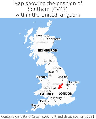 Map showing location of Southam within the UK