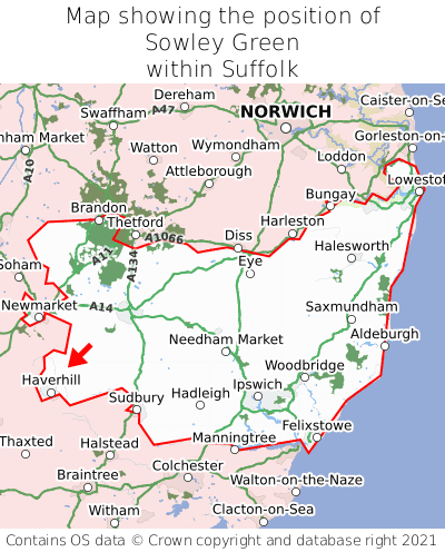 Map showing location of Sowley Green within Suffolk