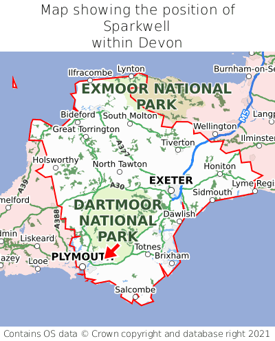 Map showing location of Sparkwell within Devon